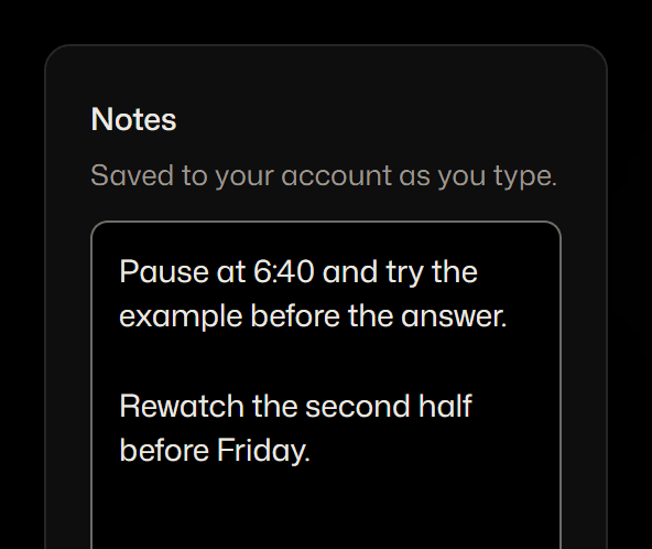 A notes card reading “Pause at 6:40 and try the example before the answer.”